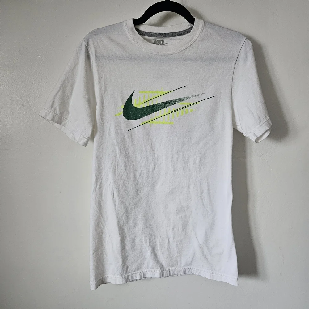 Nike Men's White Tee with Green and Yellow Swoosh